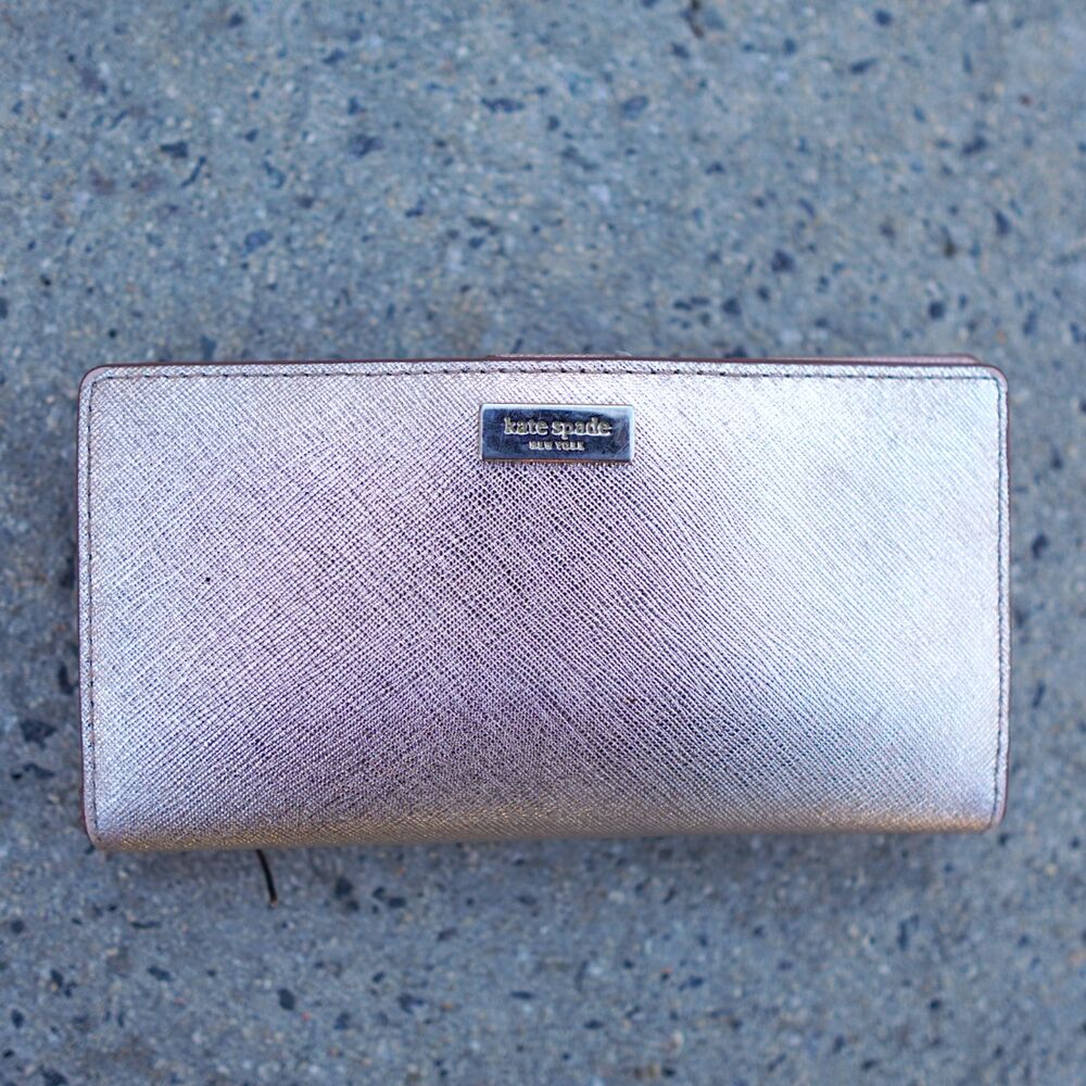 Kate Spade Metallic Rose Gold Saffiano Leather Bifold Wallet Multi Pocket Flap